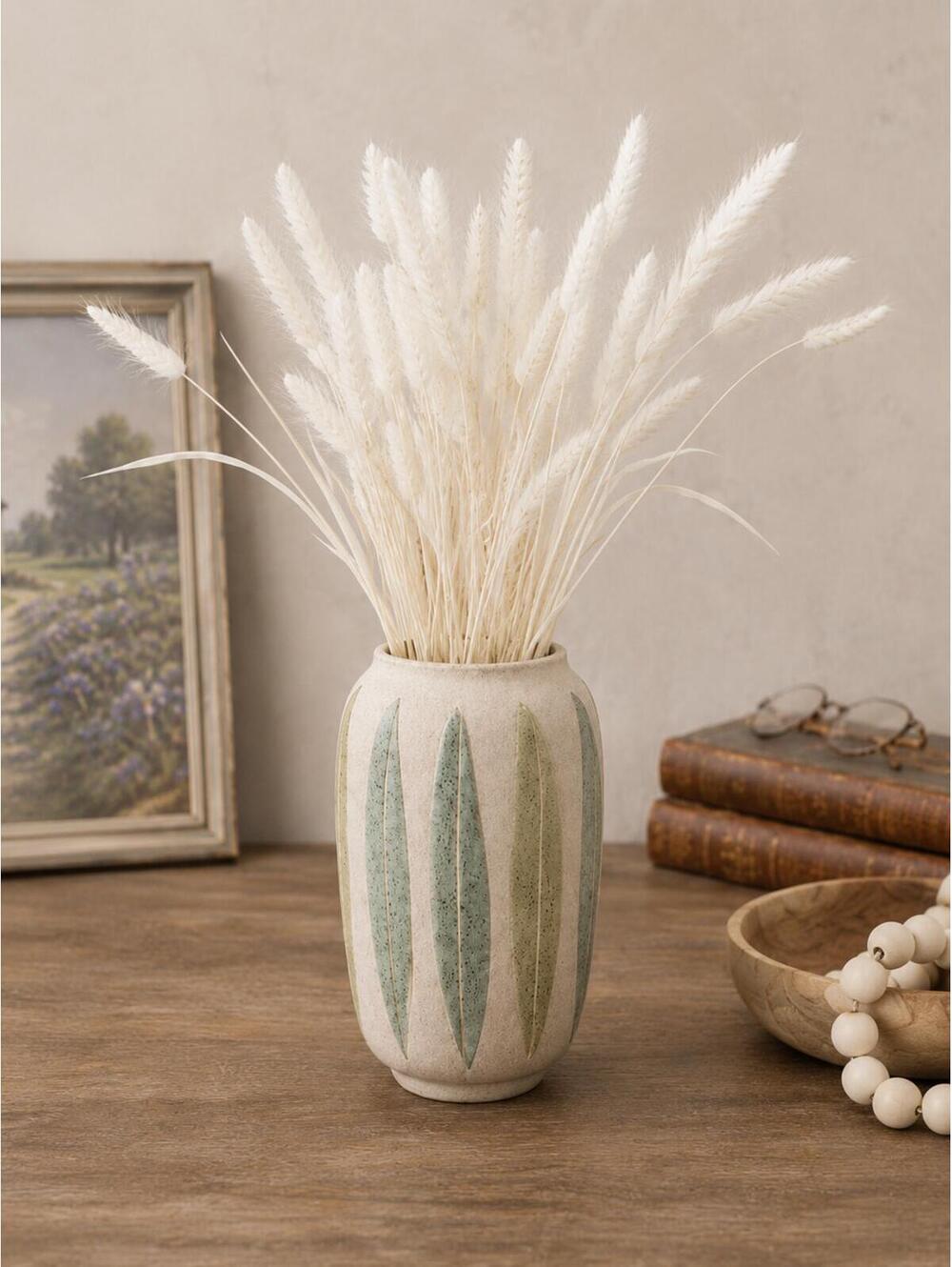 Vintage Scheurich Ceramic Green Leaf/Feather Germany Vase - Stamped